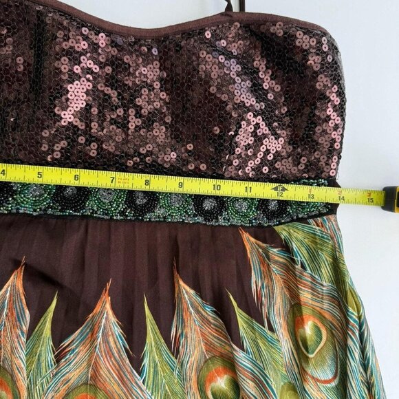 Boho Babydoll Festival Dress peacock feather pattern built-in bra sequins Small - Picture 4 of 8